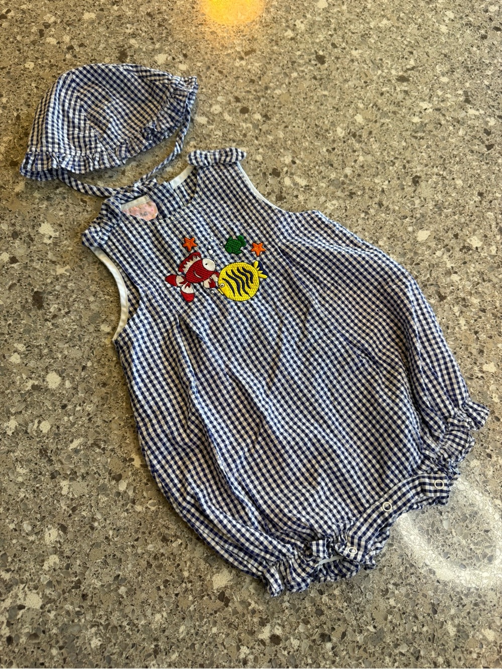 Vintage Samara 12M Gingham Fish Bubble Romper Bonnet Set
